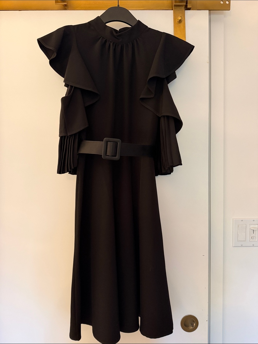Black Ruffle Midi Dress with Statement Belt